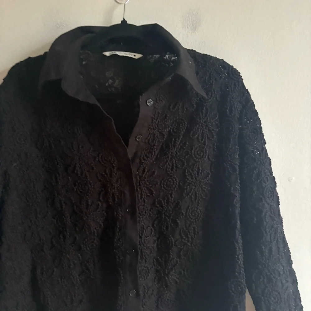 Zara Sz L Black Lace 3 D Semi Sheer Button Front Elegant Blouse - Picture 4 of 9
